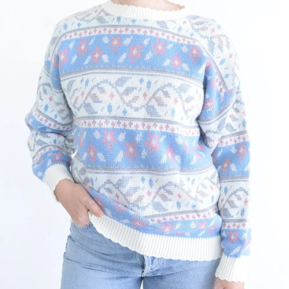 Vintage Cricket  Lane Blue & White Floral Fairy Kei Knit Crewneck Sweater M - Picture 1 of 12